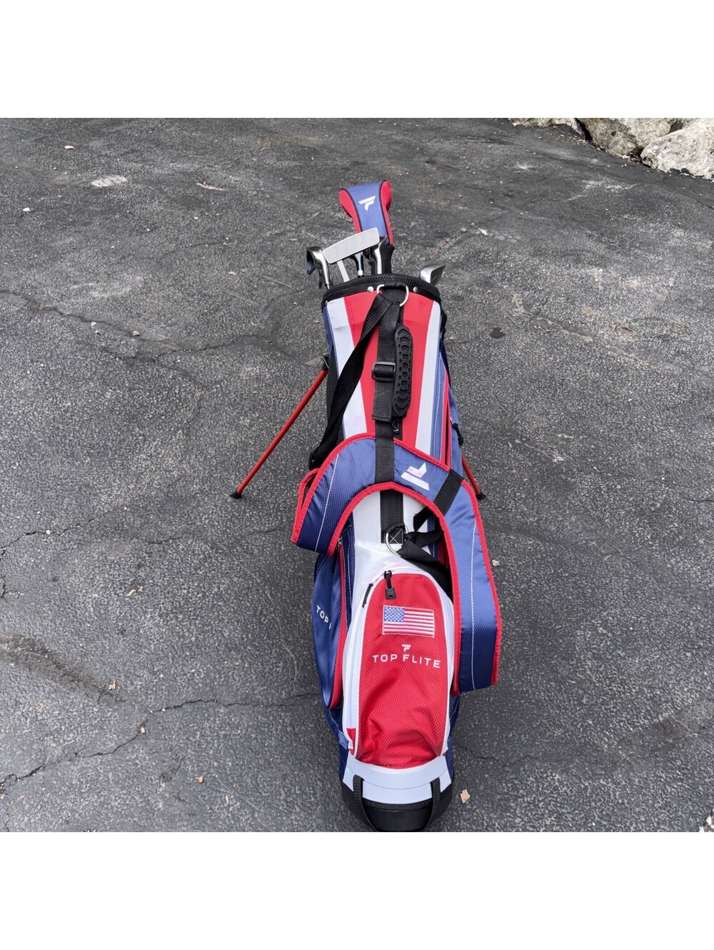 Top Flite Carry Stand Golf Bag 6-Way American Flag Red White Blue And Clubs